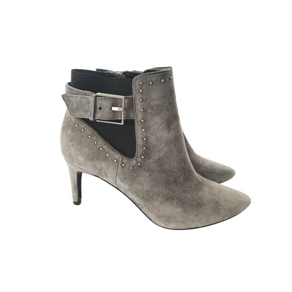 Calvin Klein Gray Suede Josie Booty Ankle Boots Zip Zip Buckle Heel Size 6.5 - Picture 1 of 7